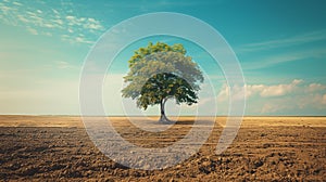 Majestic tree standing in a vast barren landscape. Hope and the importance of protecting the environment for future generations.