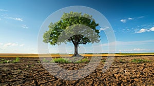 Majestic tree standing in a vast barren landscape. Hope and the importance of protecting the environment for future generations.