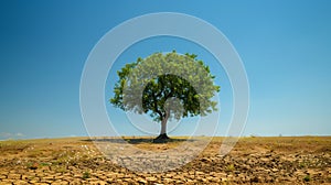 Majestic tree standing in a vast barren landscape. Hope and the importance of protecting the environment for future generations.