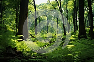 Majestic trees, small bushes, and ferns in a lush green forest