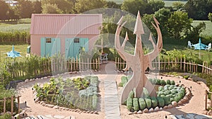 A majestic trident, constructed from reused maize cobs, towers over a community garden photo