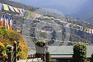 Majestic Trongsa Dzong Framed By Prayer Flags, Bhutan