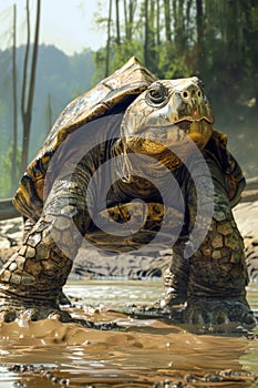 Majestic Turtle Basking in Sunlight by Water Edge, Exotic Wildlife in Natural Habitat