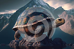 Majestic Turtle in Front of Colossal Mountain