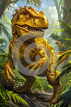 Majestic Tyrannosaurus Rex Roaring in the Lush Prehistoric Jungle Full of Ferns and Trees Illustration