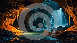 Mystical Underground Waterfall Cave with Stalactites and Reflection in Water