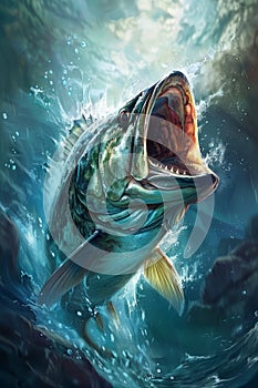 Majestic Underwater Predator Large Fish with Open Mouth Emerging from Deep Blue Sea Illustration