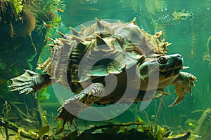 Majestic Underwater View of Alligator Snapping Turtle Swimming in Murky Green Freshwater Habitat