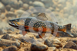 Majestic Underwater View of a Single Brook Trout Swimming in Its Natural River Habitat Surrounded by Pebbles