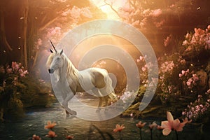 Majestic Unicorn in Enchanted Forest at Sunrise