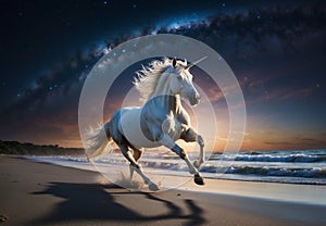 Majestic Unicorn Galloping on the Beach under starry sky