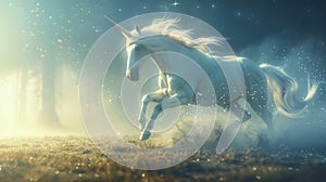 A majestic unicorn leaps through a field of stars its mane and tail glittering with the very essence of magic. As it photo