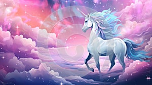 Majestic unicorn in a mystical pink and blue galaxy with twinkling stars