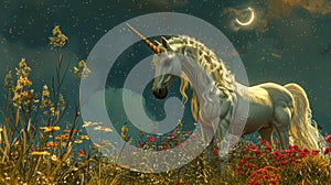 A majestic unicorn stands in a field of wildflowers its pure white coat sparkling with specks of gold and its long