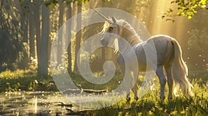 A majestic unicorn stands proudly in a clearing its ivory horn glinting in the sun as it watches over the peaceful scene