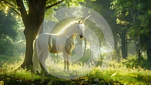 A majestic unicorn stands proudly in a clearing its ivory horn glinting in the sun as it watches over the peaceful scene