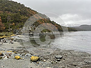 Majestic Ushuaia Bay: Argentina's Stunning snowy Mountainous Landscape, Autumn colors