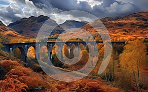 Majestic viaduct arching over a landscape ablaze with autumn colors under a dynamic sky.