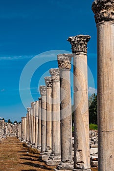 Majestic view of Agora of Ephesus from columnar road and columns, Izmir, Turkey