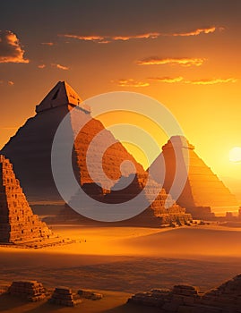 A majestic view of the ancient Greek pyramids, illuminated by the setting sun.