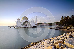 Majestic view of beautiful Malacca Straits Mosque during sunset