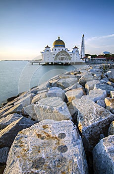 Majestic view of beautiful Malacca Straits Mosque during sunset