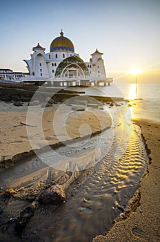 Majestic view of beautiful Malacca Straits Mosque during sunset