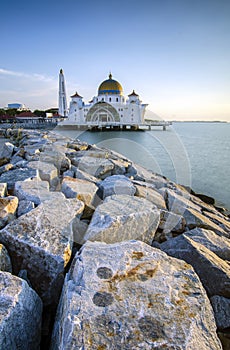 Majestic view of beautiful Malacca Straits Mosque during sunset