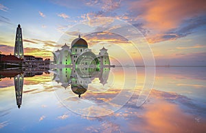 Majestic view of beautiful Malacca Straits Mosque during sunset