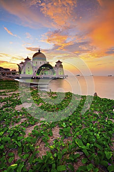 Majestic view of beautiful Malacca Straits Mosque during sunset