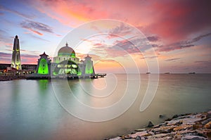 Majestic view of beautiful Malacca Straits Mosque during sunset