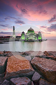 Majestic view of beautiful Malacca Straits Mosque during sunset