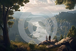 Majestic View: Cinematic 3D Render of Couple Gazing at Towering Trees and River