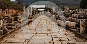 Majestic view from columnar ancient road, Turkey. View of the ancient city from the top of the Ephesus Theater.