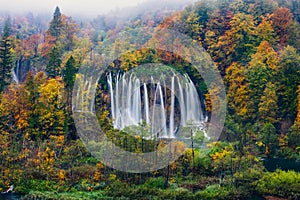 Majestic view of a great waterfall in Plitvice National Park, Croatia UNESCO