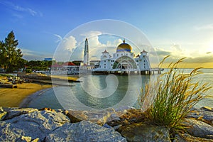 Majestic view of Malacca Straits Mosque during beautiful sunset.