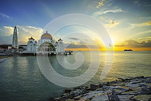 Majestic view of Malacca Straits Mosque during beautiful sunset.