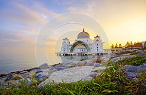 Majestic view of Malacca Straits Mosque during sunset