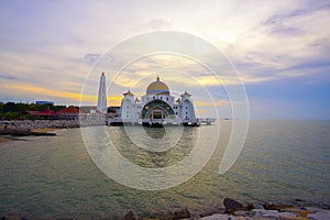 Majestic view of Malacca Straits Mosque during sunset