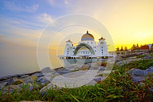 Majestic view of Malacca Straits Mosque during sunset