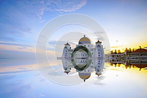 Majestic view of Malacca Straits Mosque during sunset.