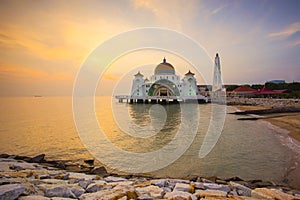 Majestic view of Malacca Straits Mosque during sunset