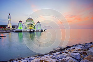 Majestic view of Malacca Straits Mosque during sunset