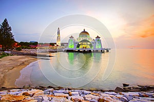 Majestic view of Malacca Straits Mosque during sunset