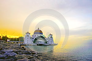 Majestic view of Malacca Straits Mosque during sunset