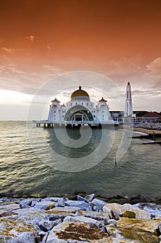 Majestic view of Malacca Straits Mosque during sunset