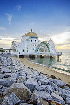 Majestic view of Malacca Straits Mosque during sunset