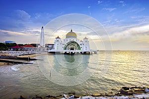 Majestic view of Malacca Straits Mosque during sunset