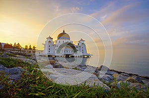 Majestic view of Malacca Straits Mosque during sunset