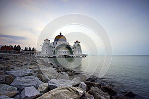 Majestic view of Malacca Straits Mosque during sunset